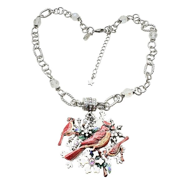 Kirks Folly Womens Necklace Crystal Magnetic Red Bird Cardinal Snowflake Silver - Picture 3 of 4